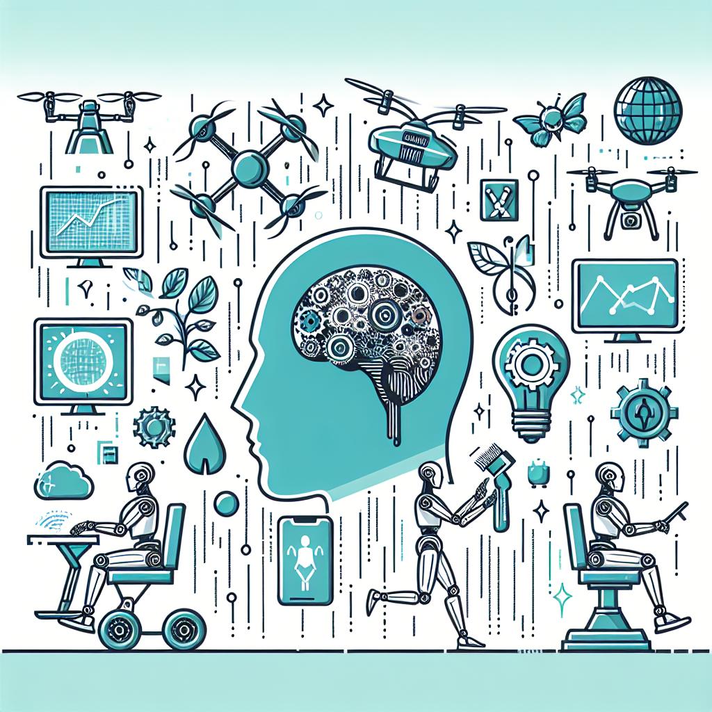 Create a 2D linear, vibrant, vector illustration in a corporate flat style on a white, textureless background. This image should showcase a futuristic scenario symbolizing technological advancement. It should highlight various robots in action, including a quadruped robot, a hairstyling robot, and a thought-controlled quadcopter. As additional elements, include user interface elements indicating the human-machine connection, as well as symbols of sustainability to underscore environmental responsibility.
