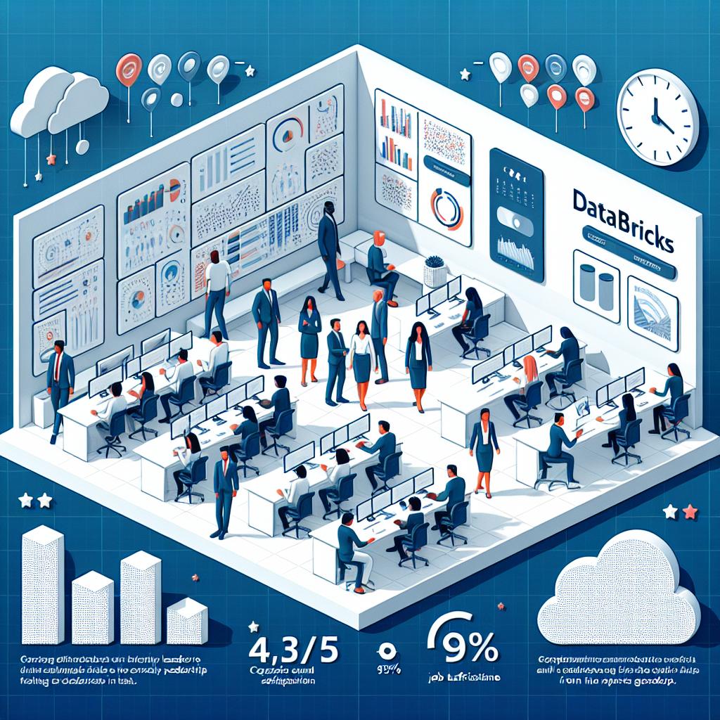 Visualize a picturesque scene depicting the workspace of Databricks in a flat, vector, and corporate style. In 2D perspective, display a modern, technologically advanced office environment symbolizing the company's culture of innovation. The composition emanates from a clean, white, textureless background filled with individuals of different descents, such as Caucasian and Black, male and female, working in harmonious collaboration. Beside the team, show infographics indicating high levels of job satisfaction, representative of a 4.3/5 rating, and a 93% approval for their leadership from sites like Glassdoor. Incorporate the corporate logo of Databricks to affirm its identity.