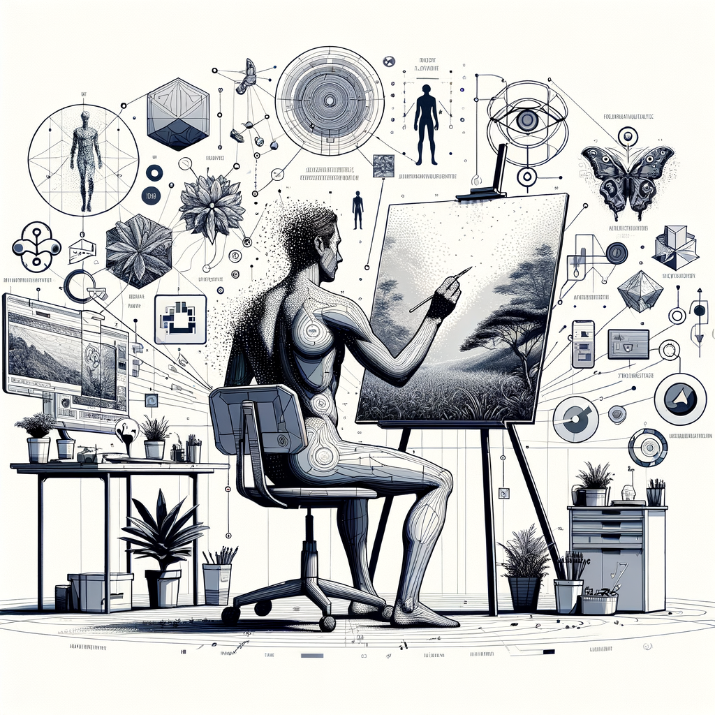 An image in 2D, linear perspective, adopting a corporate, flat and vectorial style. The background is white and untextured. It depicts a figure, representing a digital artist immersed in his work in a studio. Although the figure's physique is maintained the same as Refik Anadol, a few minimal modifications are made to his appearance in order to avoid divulging his identity. Various elements surround the figure including visual representations of tropical forests and additional natural elements. Visual elements from the Llama language models and icons symbolizing large datasets are also included along with symbols signifying open-source collaboration and movement.