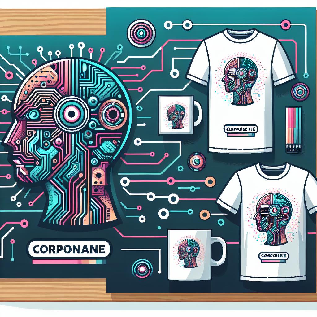 Create a set of promotional items, such as t-shirts and mugs, adorned with custom logos encapsulating the personalization aspect. Instantly draw the audience's attention with the use of vibrant colors. In the background, incorporate digital circuits to symbolize the technology of Artificial Intelligence, making the entire surrounding lively and captivating. The image should be in vector style, flat, and corporate. Keep the perspective 2D and linear, depicting an engaging and noticeable scene. Make sure the background is white and defocused for emphasis, void of any textures.