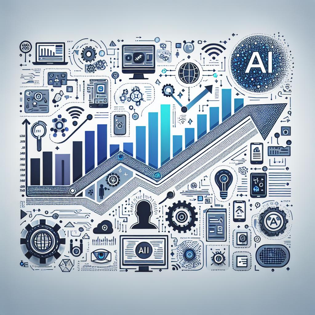Create a flat, corporate, and vectorial image in a 2D linear perspective with a clear textureless white background. The primary component of the image should be a bar graph demonstrating the growth of automation tools over the recent years. Additionally, incorporate AI icons capturing the essence of Artificial Intelligence as applicable to automation. Also strategically place arrows signifying interaction between different tools and platforms in the dynamic digital landscape. The image should illustrate how automation coupled with AI adapts and interacts with various websites.