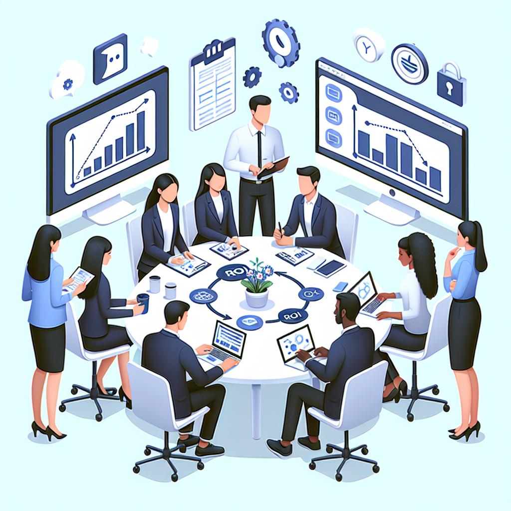 Create a 2D, vector style, corporate image on a smooth, white background. Show a diverse team of professionals brainstorming around a table, emphasizing collaboration and technology. The team should include an Asian female data analyst, a Hispanic male project manager, a black female software engineer, and a Middle-Eastern male marketing executive. Include elements such as computers symbolizing technology, graphs on screens in the background depicting efficiency and ROI. There should be notepads and pens, hinting at the planning phase, as well as a whiteboard visualizing the discussed strategies and ideas.