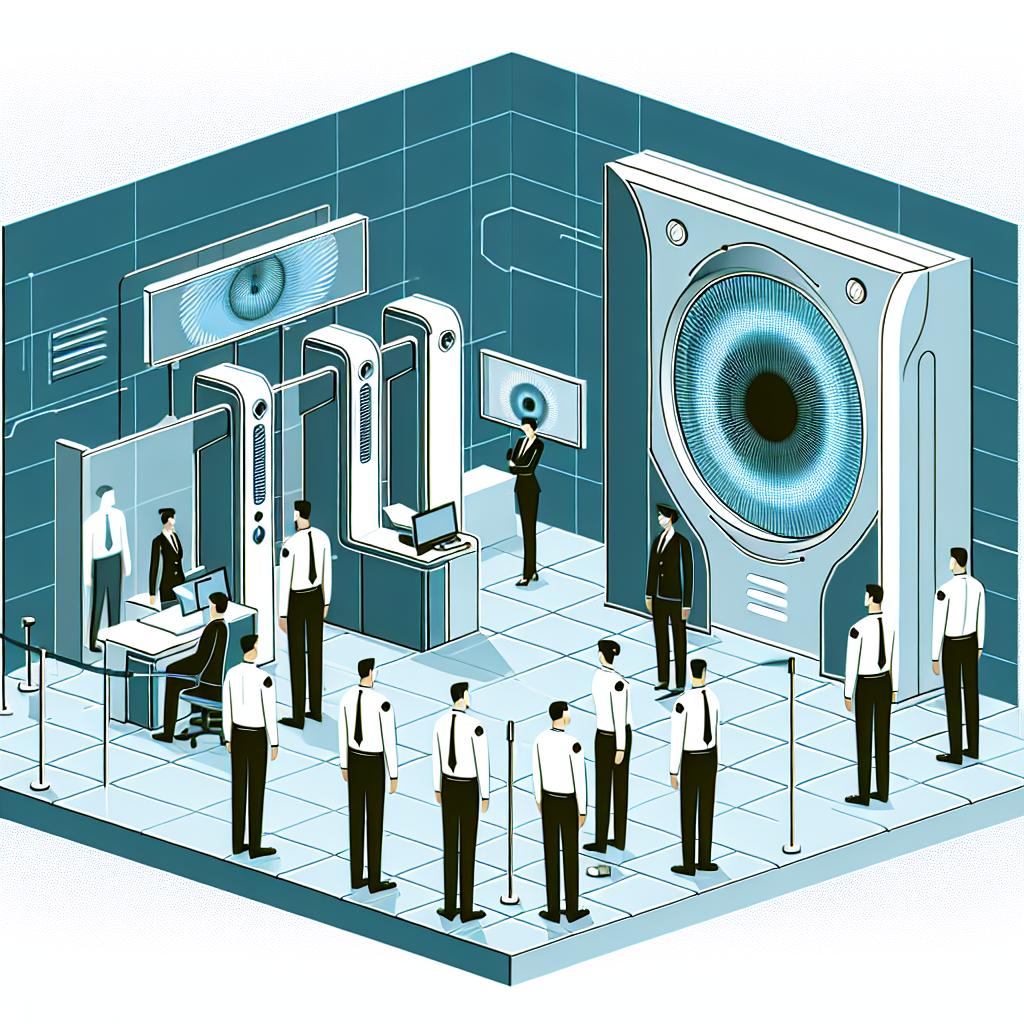 Create an image in a flat, corporate vector style reminiscent of 2D linear perspective. The scene should depict a modern, well-lit iris scanning area. Include advanced iris scanning machines that portray the innovative technological aspect of this process. Have uniformed employees present to symbolize the organization and formality of the process. The setting should evoke a futuristic and innovative feel. All this should be showcased on a clean, textureless white background.