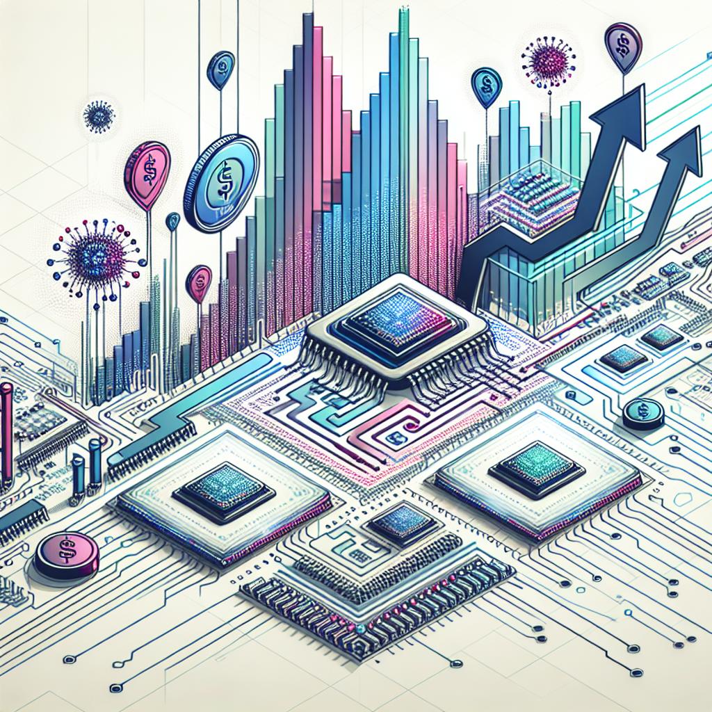 Create a 2D, linear perspective image in a vectorial, flat, and corporate style. The image should have a white, texture-less background. It should graphically represent the rising investment trends in artificial intelligence technology, specifically highlighting the increase in capacity and demand for semiconductors. Illustrate growth charts to convey the rise in IA chip sales. Include investment symbols to represent investor optimism. Make sure to incorporate representations of chips to emphasize semiconductor technology. Use vibrant colors to impart a sense of progress and innovation.