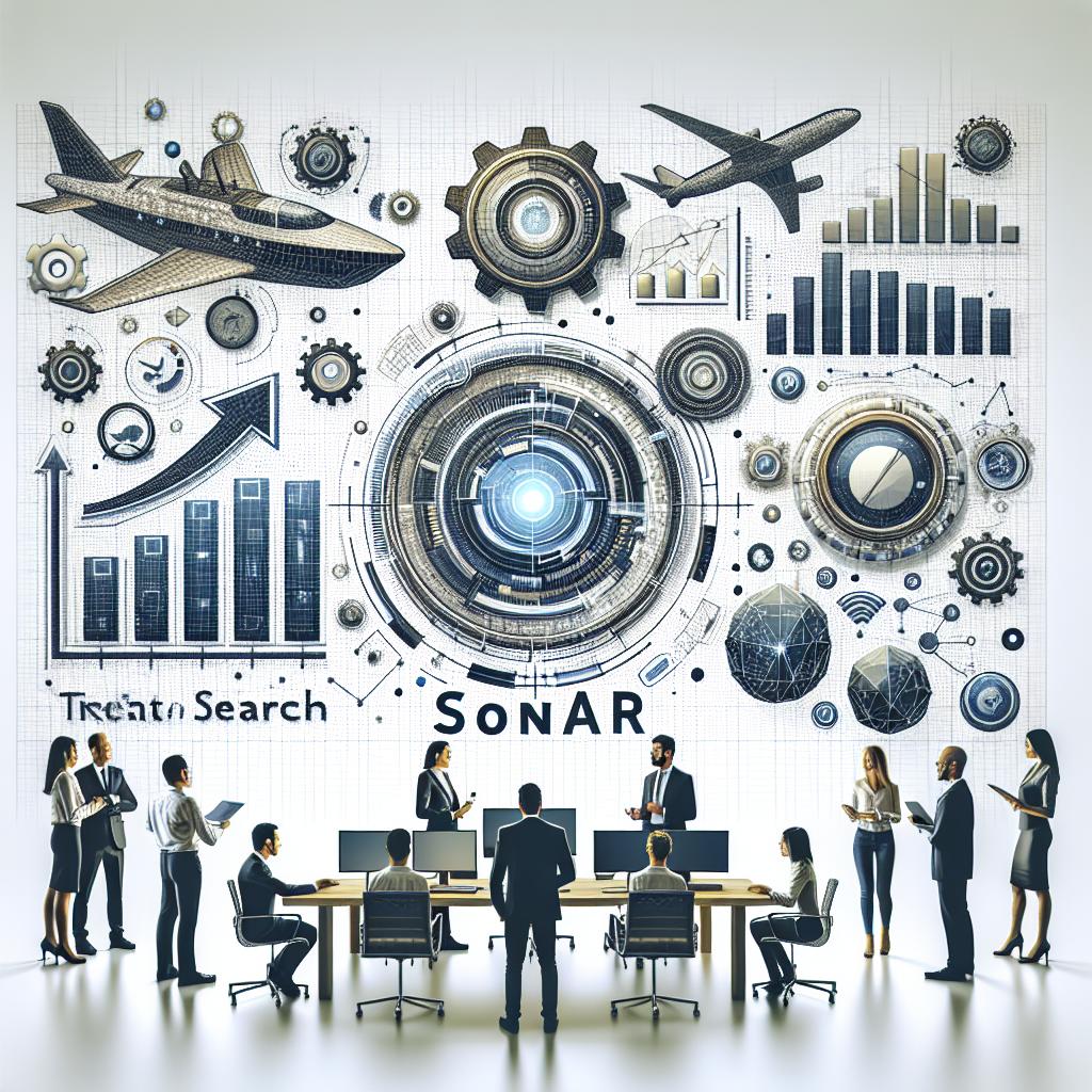 Create a 2D vector-style corporate image on a textureless white background. The image should highlight the innovation of a new real-time search API, named as 'Sonar'. Include elements that symbolize technology, real-time search, and competitiveness in the AI sector. The image should display the logos of four tech companies, represented by geometric shapes to avoid any copyright issues. Include also a futuristic technology scenario, charts showing high performance, and a group of diverse men and women engaging in a video conference as if they are using this advanced technology.
