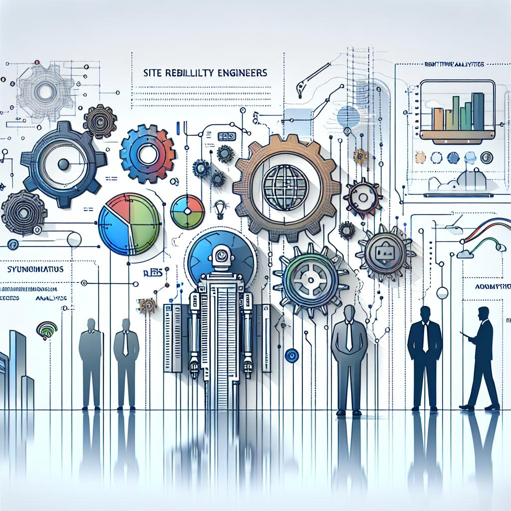 Create an image in a 2D, linear perspective following a corporate, flat, vectorial style. The image is set against a white, texture-less background hinting at a modern digital environment. Depict the synergy between Site Reliability Engineers (SREs) and machine learning systems. To represent this, include real-time data analysis charts, gears symbolizing automation and process efficiency, and a robot indicating the integration of artificial intelligence in the operations. Use cool colors to communicate a sense of technology and innovation.