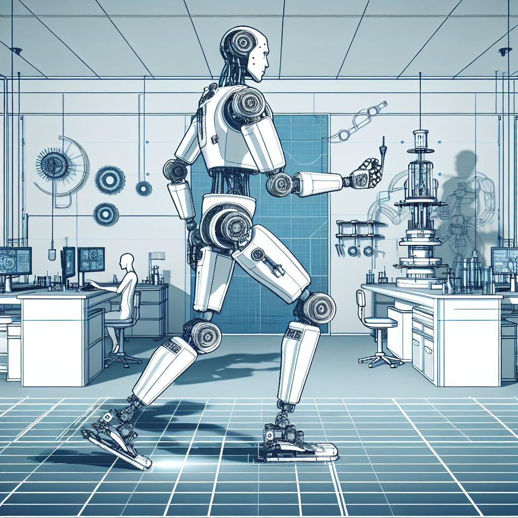 Detailed 2D vector-style image in a flat, corporate design. The setting is a stark white and untextured laboratory environment, seen from a linear perspective. The central figure in the scene is a humanoid robot, a representation of the Atlas robot, symbolizing innovation. The robot is in an action pose, showing off its advanced abilities in object manipulation. The scene is accentuated with futuristic elements that highlight the cutting edge of robotics research and development.