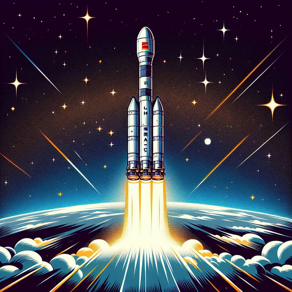 Create a vector-style, 2D, corporate-themed image with a  linear perspective on a untextured white background. The primary element is the robust and majestic 'Long March 2C' rocket, symbolizing China's space conquest, lifting off into a clear, starry night sky. The rocket signifies energy and technological advancement. The stars are the expanse of space and the satellites' final destination. The launch smoke signifies the dawn of a new era in lunar exploration. Bright colours reflect the hope and success of the mission. The Earth is visible in the background, symbolising the starting point for space missions.