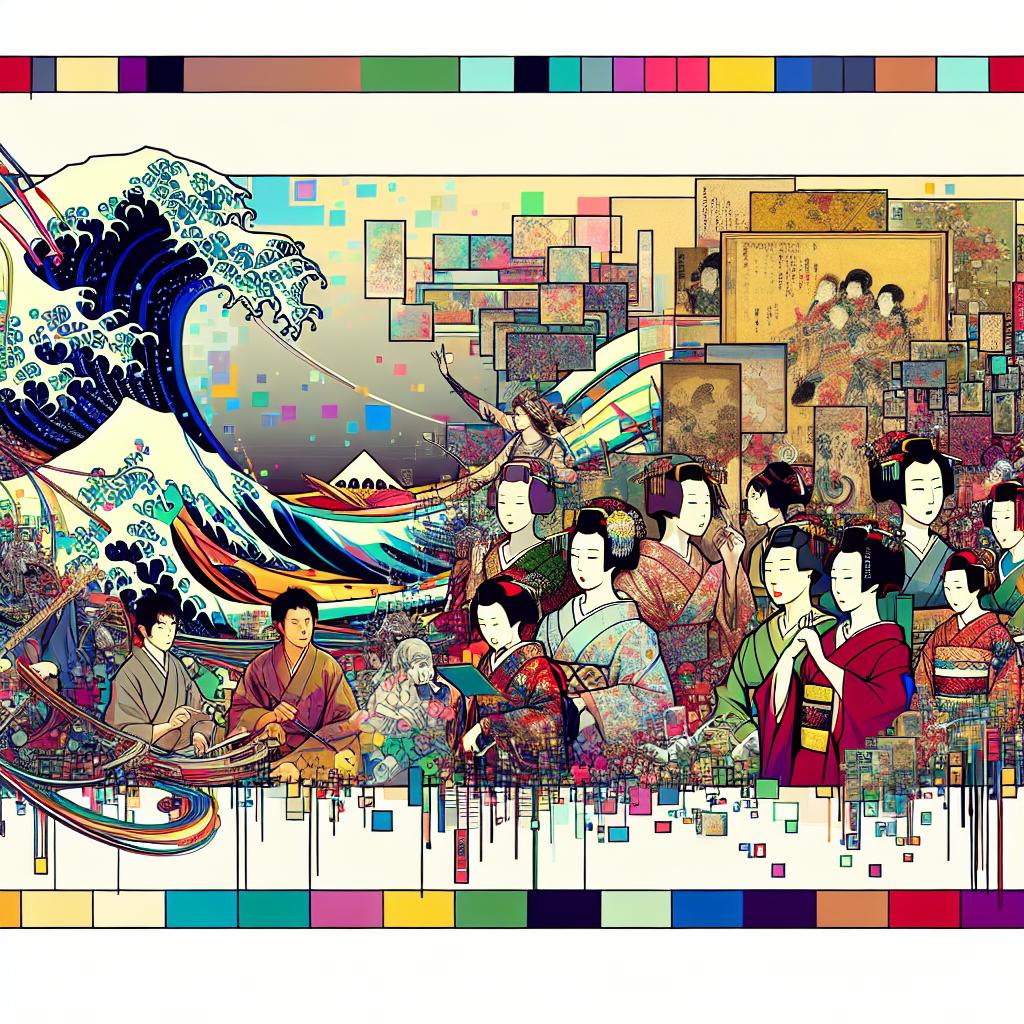 Create a flat, corporative and vectorial style image, illustrating an engaging fusion of tradition and technology in art. Keep all elements in a 2D linear perspective on a white, untextured background. Include visuals that represent the rich cultural heritage of Japan, such as a reinterpretation of a famous 17th-century painting by Iwasa Matabei using artificial intelligence. Combine these traditional elements with modern anime-influenced designs, paying tribute to the work of a renowned modern Japanese artist. Use vibrant colors throughout the image to symbolize creativity and evolution in art.