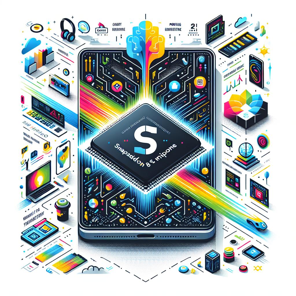 Create a vector style, flat corporate design with a 2D linear perspective. In this white and texture-free background image, visualize a smartphone running the Snapdragon 8 Elite, claimed by Qualcomm during their annual summit in Maui to be the world's fastest mobile processor. It is shown powering cutting-edge AI apps and gaming experiences. Highlight vibrant graphics and elements demonstrating the chip's performance. Include additional elements such as 3D graphics to depict the chip's advanced gaming capabilities, AI icons to symbolize a new era of AI applications, and technological accessories like headphones and a controller to represent gaming culture.