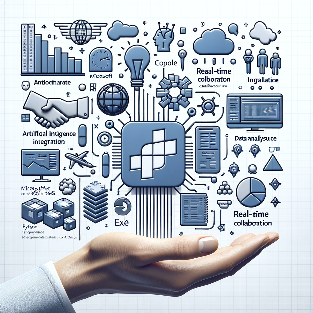 Generate a 2D image in a linear perspective with a flat, corporate, and vectorial style. The background should be white and textureless. The image should depict the interface of the new Copilot Pages platform from the Microsoft 365 Copilot updates. Highlight real-time collaboration through graphical elements and text. Include icons representing artificial intelligence integration, in consistency with the blue and white color palette associated with Microsoft. Additionally, show elements of data analysis to indicate the integration of Python use in Excel.