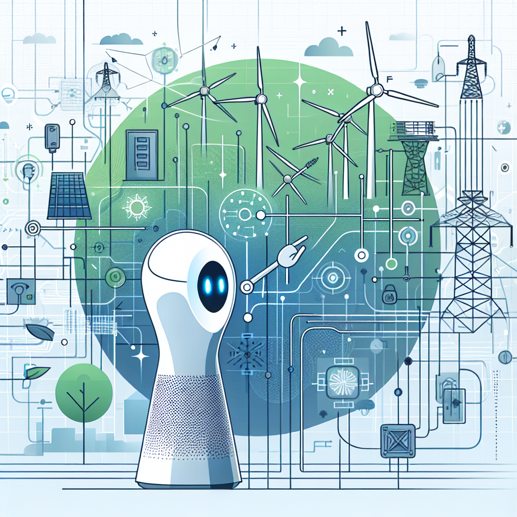 A corporate and flat style vector illustration in a 2D linear perspective featuring major elements such as interconnected electrical grids and wind turbines depicted against a white and untextured background, symbolizing the endeavor of an entrepreneurial figure in the energy sector to unite U.S electrical networks and promote the transition to renewable energy sources. In the front, we see an advanced voice assistant, a representation of cutting-edge technology from an artificial intelligence entity, engaging in natural interaction with an user in a modern environment. The utilization of green and blue shades throughout the design further symbolizes the elements of sustainability and advanced technology.