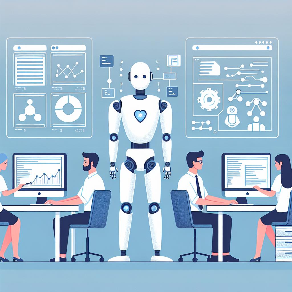 Create a vector-style, corporate, and flat image set against a plain white backdrop. The image should be depicted in a 2D, linear perspective, imitating an office lab setting. In the center, depict a robot symbolizing a collaborative AI working alongside programmers representing a tech team. Show these technicians as diverse, including a Middle-Eastern female and a Hispanic male, both busy programming on their computers. Make sure to include computer screens displaying various data analysis and safety charts. The presentation of programmers and a robot together illustrates the joint effort between humans and AI in ensuring language model safety.