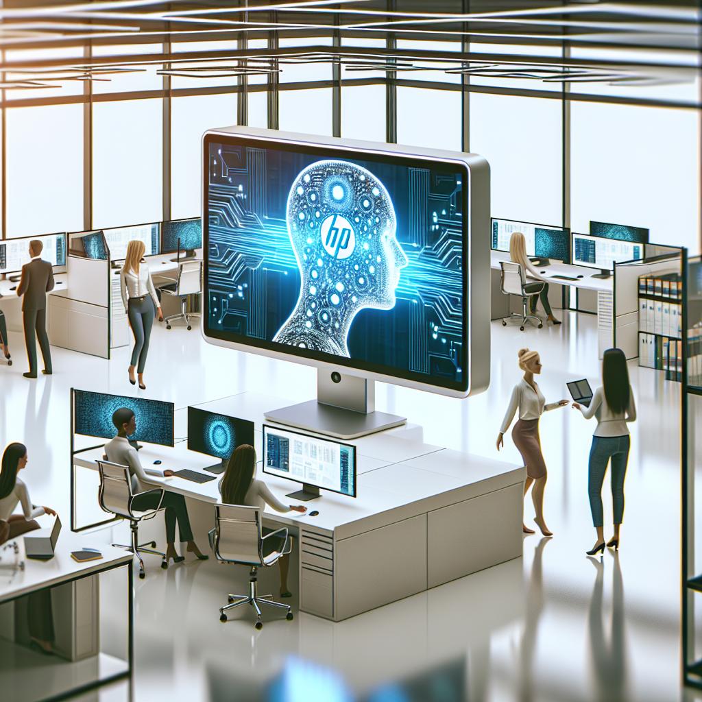 Create a 2D, linear perspective image of a modern, brightly lit office environment. In the centre of the scene, prominently display an HP PC, showcasing intricate AI graphics on the screen. This office space should be contemporary and uplifting, capturing the essence of an inspiring workspace. Various employees of different genders and descents are interacting with the technology, embodying the blend of work and personal life brought on by AI. The lighting should be soft, fostering an inviting and productive ambiance. The image should be rendered in a flat, corporate vector-style on a white, textureless background.