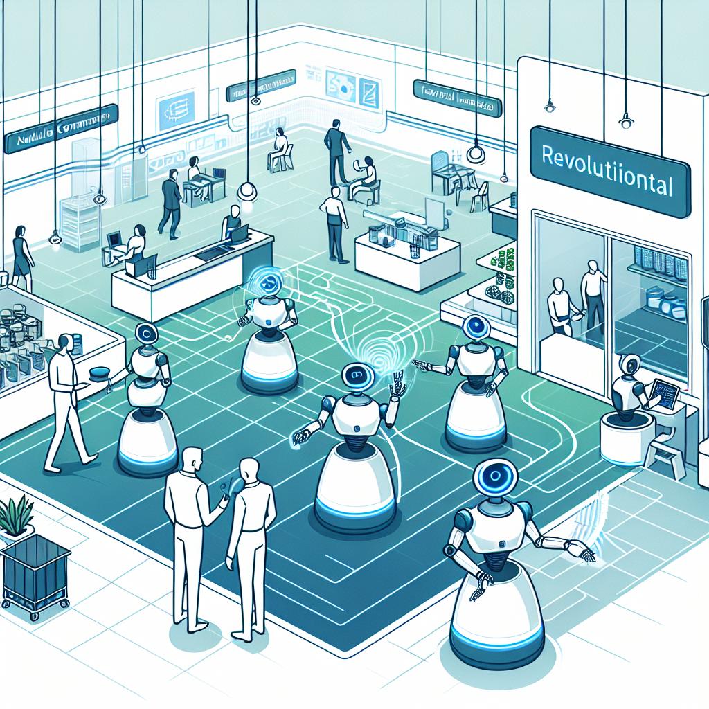 Visualize an environment from a revolutionary technological future. This setting showcases interactive robots carrying out daily tasks, symbolizing AI integration with human tasks. These robots interact amicably with humans to highlight potential collaboration. They are designed to follow natural language commands, exemplifying an advance that could transform machine usefulness and efficacy. The background of the image is clean, white, and devoid of texture to keep the focus on the robots and their interaction. The image is in 2D and has a linear perspective. Using flat, corporate vector style reflects simplicity and communicates complex ideas with clarity. The prominent colors are blues and greens, conveying a feeling of technology and innovation.