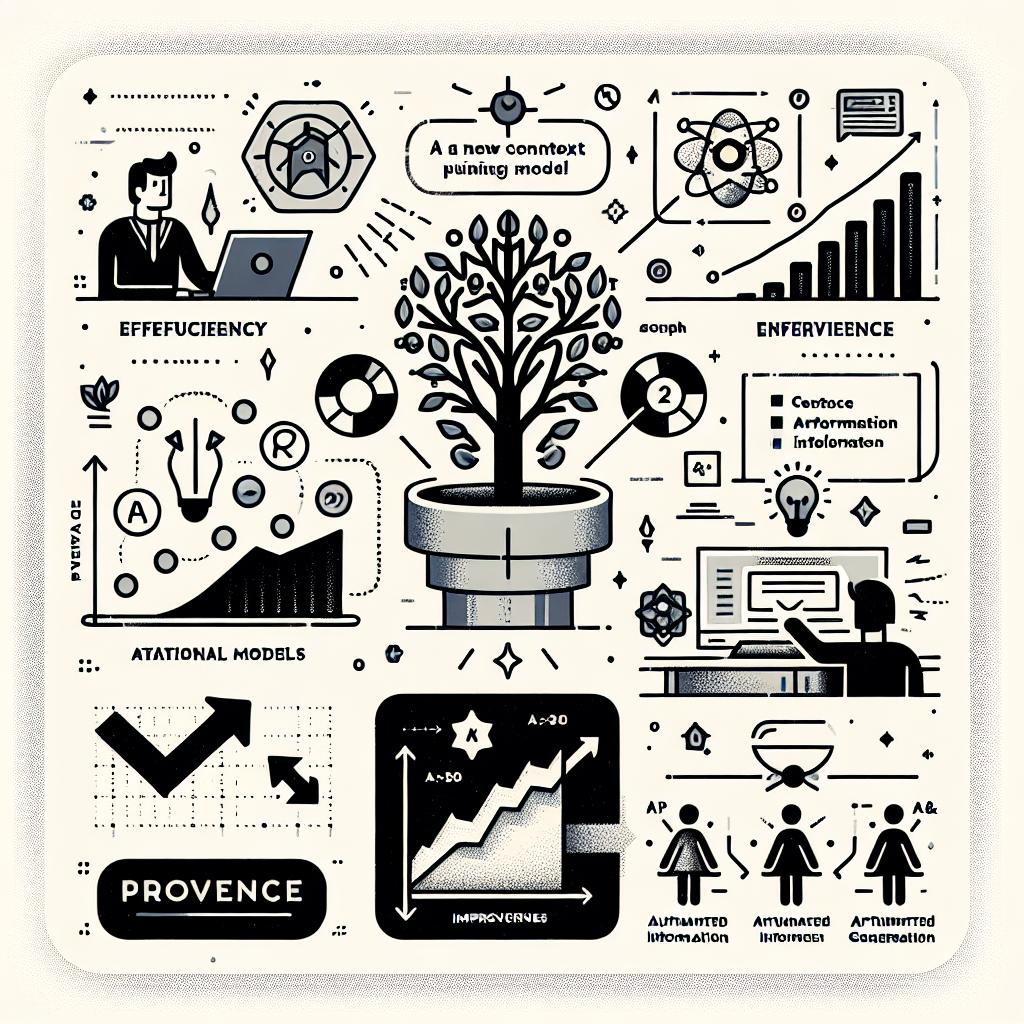 Create a 2D, linear corporate-style, flat vector illustration on a white, untextured background to represent the concept of 'Provence', a new context pruning model designed for augmented information generation, especially in Q&A responses. Include an efficiency graph comparing 'Provence' with traditional models, demonstrating its innovation and progress. Add an icon representing Artificial Intelligence, symbolizing the utilization of advanced technology. Use arrows to denote improvements. Add text detailing Provence's main features to give visual context.