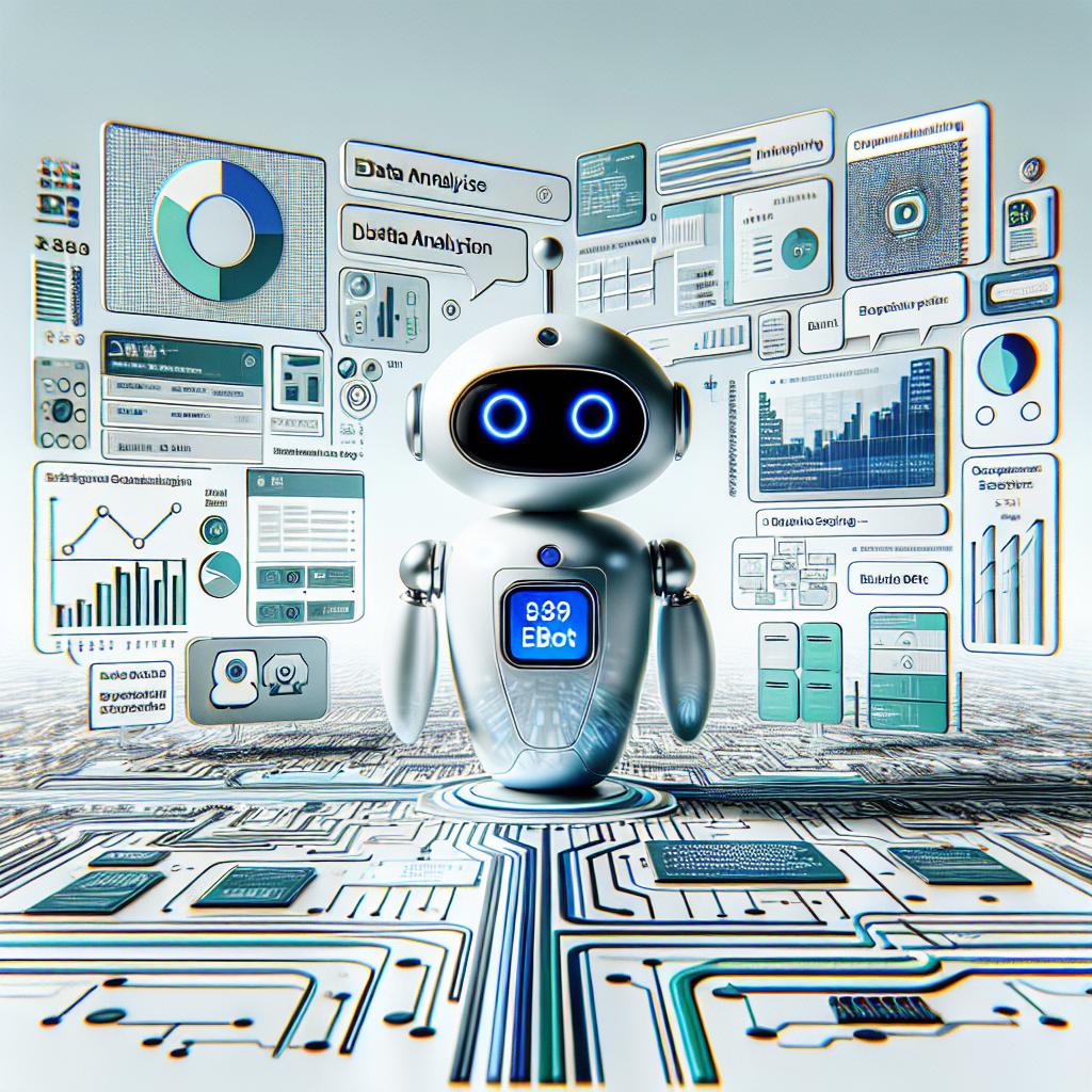 Imagine a high-tech, digital landscape where Baidu's ERNIE Bot, a generative AI product, operates. The Bot interacts with users, creating visual and text-based content. It's set against a plain white background, in a 2D, linear perspective for a modern, corporate, and vectorial aesthetic. Additional elements that showcase advanced AI technology, such as electronic circuit patterns, should be intertwined within the scene. Data analysis is represented through visual graphics, reflecting the output generated by the ERNIE Bot. Examples of textual content and images produced by the Bot should be visible, emphasizing its capabilities. The color palette should majorly consist of cool shades like blues and greens, signifying innovation and technology.