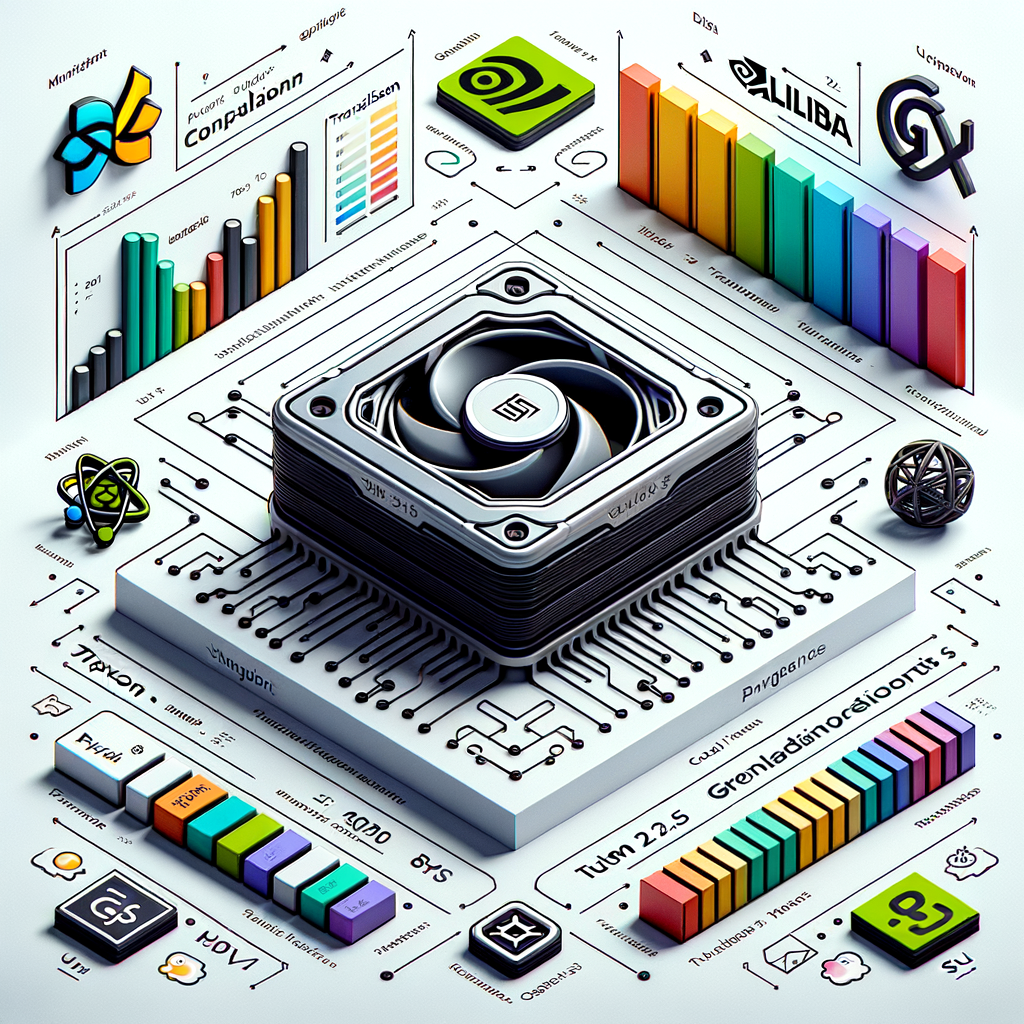 The image captures a corporate, vector-styled, and flat aesthetic with a 2D, linear perspective on a white, texture-free background. A visually dominant feature is the NVIDIA RTX 3090 GPU, symbolizing the utilized hardware. Surrounding it are distinct programming language icons, namely Python, JavaScript, TypeScript, and ReactJS, that hint at the code-generation capability of Qwen 2.5 models. Centre-stage stands a comparison bar-chart illustrating the impressive performance of Qwen 2.5 against other language models. In a corner are the Alibaba and Qwen 2.5 logos, crediting the model creators. Lastly, the image includes translation and SQL symbols to represent additional model capabilities.