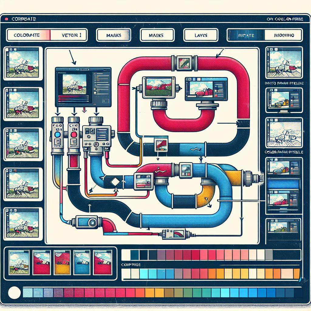 Create a corporate-style, vector, flat 2D image showcasing the process of inpainting using the FluxInpaintPipeline. The image should be on a white, texture-free background. It should contain multiple masks that represent various editing layers applied on a photo, and comparative images exhibiting the progression of the inpainting process. Don't forget to include a color palette to illustrate the significance of color correction. To contextualize the tools used, please add a representation of a software interface.