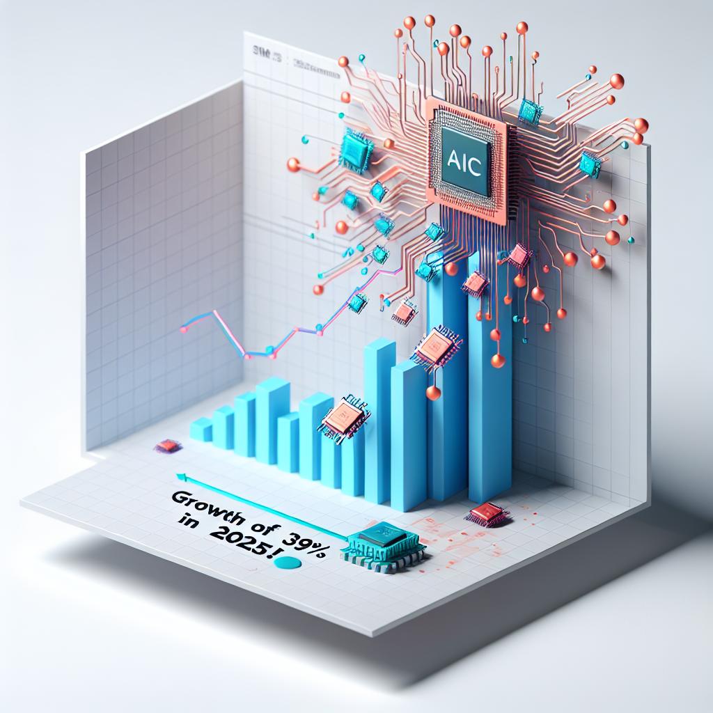 Create a 2D, flat, and corporate-style image with a white, untextured background. The main focus of the image is a bar graph representing the increase in sales for Taiwan Semiconductor Manufacturing Co (TSMC) in relation to the AI chip industry. Overlay the bar graph with vibrant-colored AI chips symbolizing the essence of the product. Add a text highlight stating, 'Growth of 39% in 2025!' to draw attention.