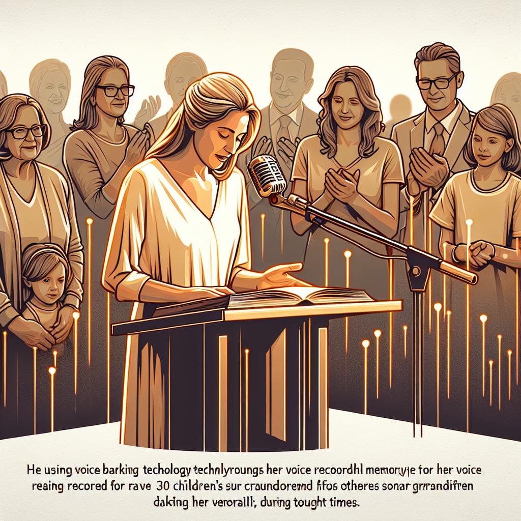 An image in 2D, linear perspective displaying an inspiring scene of Della Larsen, a woman who was diagnosed with ALS in April 2023. She stands during her acceptance speech, surrounded by her family and supporters, in a show of familial strength during tough times. The image adopts a vector, flat, corporate style. Set against a white, textureless background, warm colors are employed to convey emotion and connection. In the background are blurred figures of her family members, symbolizing support and love. The image infuses modern technology and nostalgia, illustrating the legacy that Della leaves by using voice banking technology to record her voice reading 30 children's books, thus creating sonorous memories for her future grandchildren and providing hope for others battling similar challenges.
