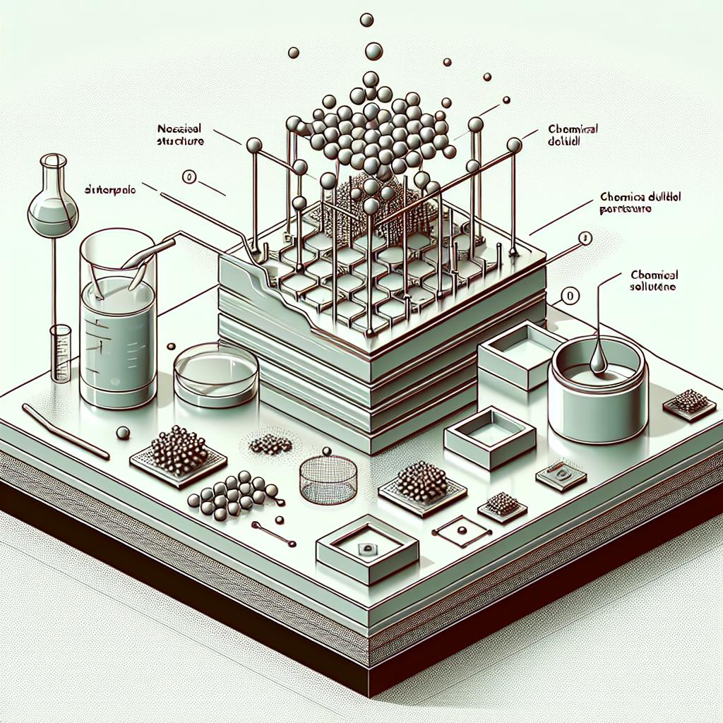 Visualize a simple 2D linear perspective image that uses a flat, corporate, vector style. A graphic representation of an innovative technique developed by researchers at a non-specific university, using liquid metal for the self-assembly of transistors and diodes. The scene shows the stages of structure formation in a silicone mold highlighted. The mold, representing the necessary structure for the self-assembly process, is filled with liquid metal particles, symbolizing the innovative material used. Chemical solutions are also present, illustrating the medium that enhances self-assembly. Browse 3D setups to convey the complexity and potential of the technique. The image background is white and textureless.