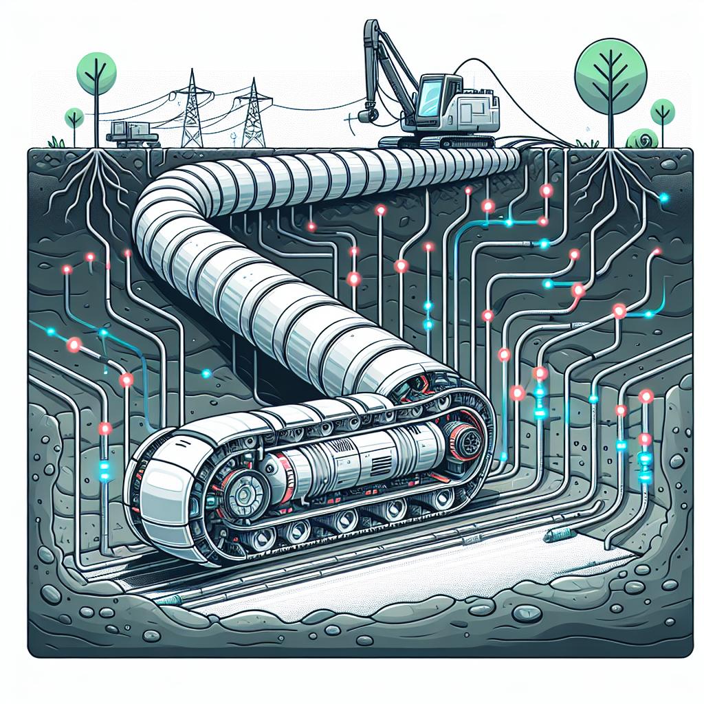 Detailed vector illustration in a corporate flat style. The scene takes place in a 2D, linear perspective with a smooth, textureless white background. The focus of the image is a cylindrical robotic earthworm, segmentally moving in a peristaltic motion as it navigates through the soil underground. It works on the installation of underground power lines, representing the practical application of the technology. The bottom of the image showcases soil where the robot operates, and buried power lines are visible to hint at the functional context. Digital plants are integrated into the scene, symbolizing the connection and integration with nature.