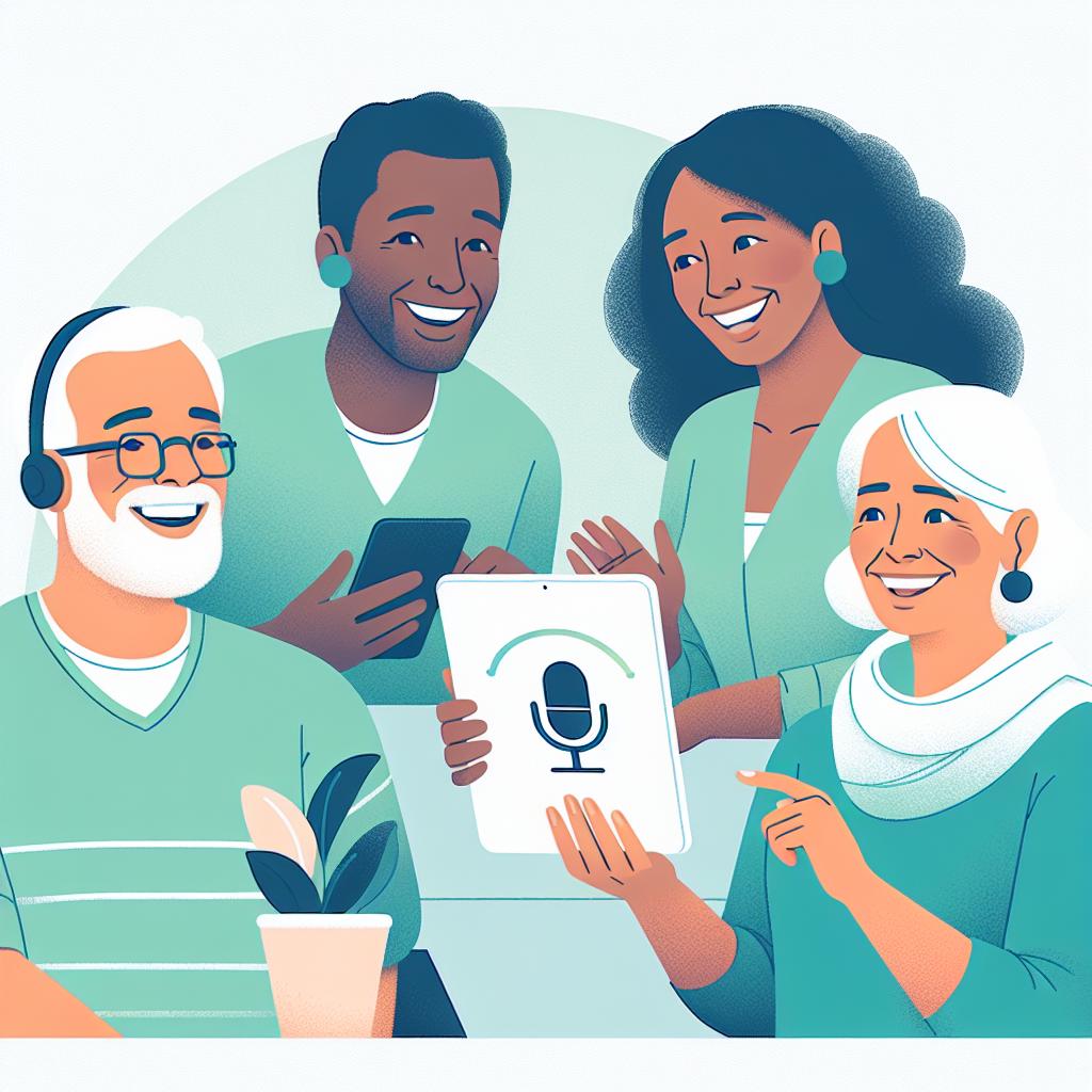 Create an image in a 2D, linear perspective in a flat corporate vector style. Set against a plain, white and textureless background. Depict a cheerful group of diverse individuals including a Caucasian man, a Hispanic woman, a Black man, and a South Asian woman all interacting happily and speaking, symbolizing hope for those facing speech loss. Show them using a voice technology on tablet devices, representing innovation and accessibility. Use calming colors, particularly shades of blue and green, to convey tranquility and hope. Place this scene in a familiar domestic setting to underscore the idea of support and comfort.