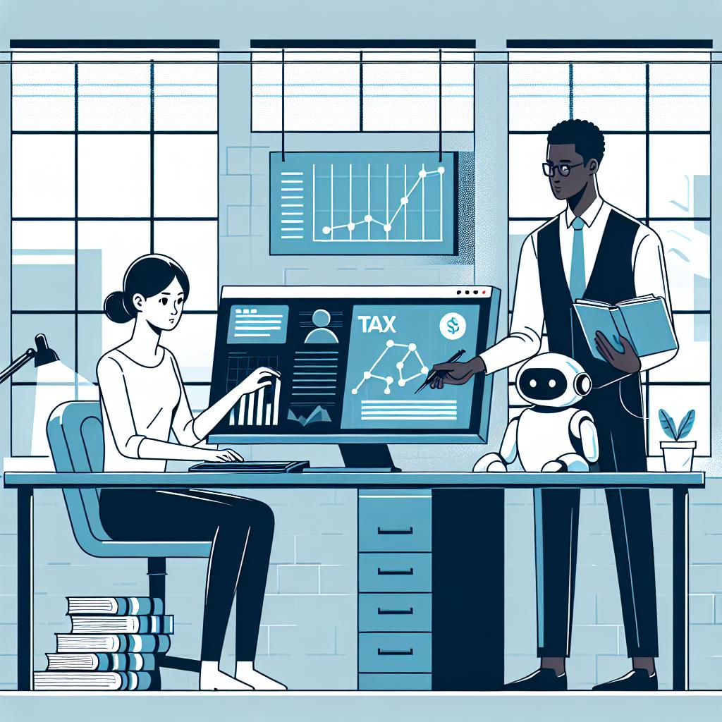 Create a stylized, flat, corporate 2D linear vector illustration of a modern office scene. It contains an Asian female and a Black male tax professional who are focused while analyzing data on a computer. The computer screen displays tax-related graphs and information. Assisting them in their analysis is a virtual robot or AI assistant, symbolizing the integration of artificial intelligence in the workplace. Widely open windows suggest a modern work environment. Accounting books, representing tradition and knowledge in the tax field, can be seen. The background of the image is plain and white.