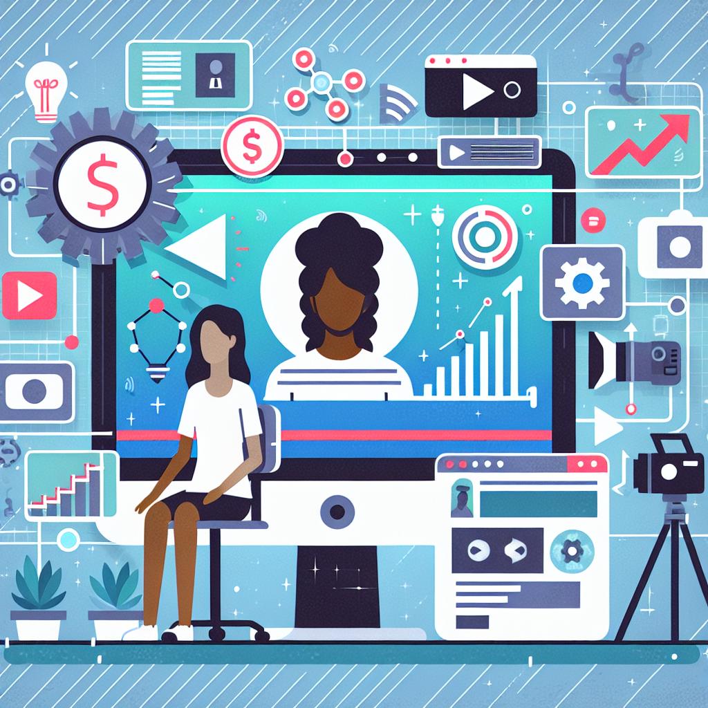 Create a vector-style 2D image with a flat, corporate aesthetic. The image has a white, textureless background and portrays a diverse, gender-neutral content creator sitting in front of a computer, where a video is on display. Surrounding the creator are floating technology graphics and icons. Features should include a dollar icon representing monetization, growth graphs indicating content demand, and a camera symbolizing content production. Also, include generic and non-copyright technology company logos to highlight major market players. The layout should express collaboration between content creators and AI technology.