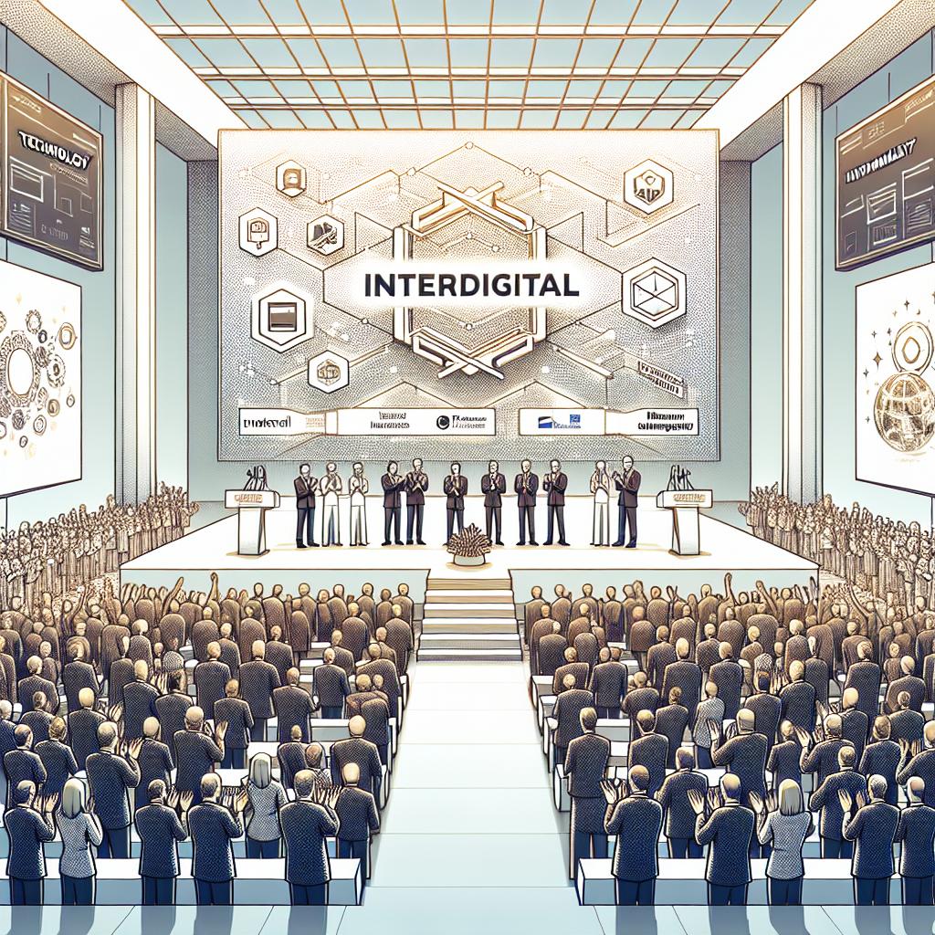 Illustrate a 2D, linear perspective, corporate-style vector art image with a white, texture-less background. The image depicts the award ceremony where InterDigital was recognized for its innovations in technology and sustainability. Picture a large auditorium with representatives from InterDigital standing on stage receiving awards. The stage is adorned with symbols of success and innovation, and logos of InterDigital and Fierce Networks to signify the event's significance. Also, include a crowd filled with people of diverse genders and descents applauding, which symbolizes their support for innovation. Additionally, there are banners highlighting technology and sustainability themes, emphasizing the award focus.