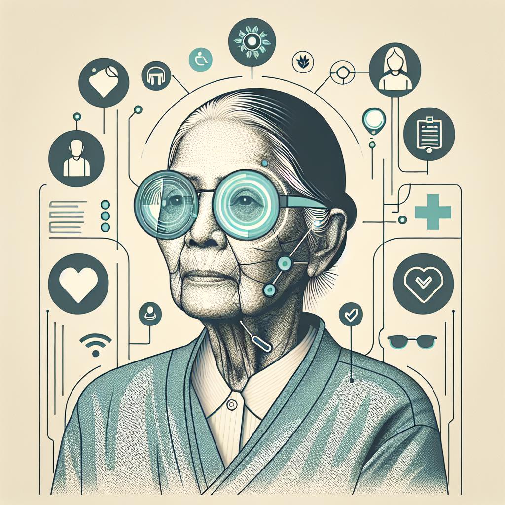 Generate an illustration in a flat, corporate style reminiscent of commercial informational graphics. The image is set in a 2D, linear perspective on a plain white, textureless background. At the center of the image is an elderly patient of South Asian descent wearing innovative smart glasses. These glasses are designed to aid with dementia and Alzheimer's by providing real-time assistance and improving daily life quality. To visually represent the assistance of AI, include graphic elements such as floating familiar faces, signifying facial recognition functionality, and reminders of medication. Surround the main figure with a serene, welcoming environment to reflect comfort provided to the patients. Use a color palette of soft tones to evoke a sense of patience and support.