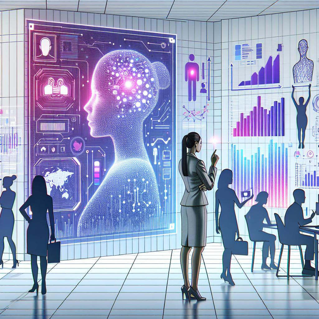 An image in a 2D linear perspective and vector, flat corporate style, portraying a future-tech environment. It showcases a female businesswoman with unspecified descent in a high-tech co-working space. Digital screens around her display artificial intelligence systems and growth charts to symbolize the market potential of AI. Silhouettes of diverse people are scattered around, symbolizing the potential team members of a new startup. The palette is vibrant, conveying a sense of innovation and dynamism. The background is plain white and devoid of any texture. The overall atmosphere reflects a modern, futuristic workspace.