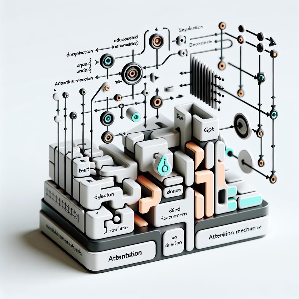 Render a 2D, flat, corporate-style vector image set against a featureless white background. This image depicts the architecture of a transformer model employed in language systems like BERT and GPT. It specifically focuses on the interplay between the attention mechanism and other components of the system. Include elements such as word icons to represent the model's text input, arrows displaying the attention mechanism's dynamics, and graphs showing variability in attention distribution.