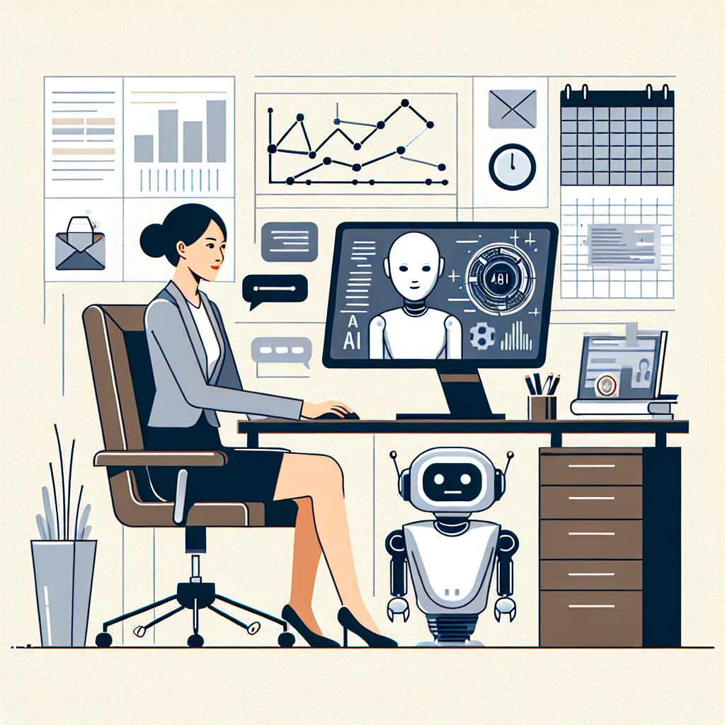 Create an image in a vectorial, flat, and corporate style. The environment depicted is a modern, 2D, and linear professional setting. The main focus of the image is an Asian female office worker, sitting at her desk with a computer in front of her. She is actively using an AI chatbot on the computer. Display the chatbot as a simple yet sophisticated digital interface emerging from the computer screen. In the background, illustrate typical elements of productivity like graphs and calendars to symbolize efficiency. The entire image is set against a plain white, textureless background.