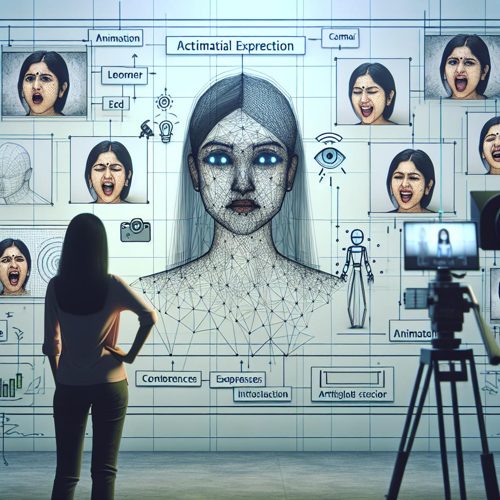 Visualize a 2D, linear, vector-style depiction on a blank, untextured background. An engaging scene that illustrates the interaction between a South Asian female actor depicting various facial expressions, and a corresponding animated character demonstrating those expressions in real time. Highlight both regular cameras to emphasize the technology's accessibility, and an animation studio environment to establish a video production context. Include visual elements that represent artificial intelligence to underline the technological nature of the innovation.