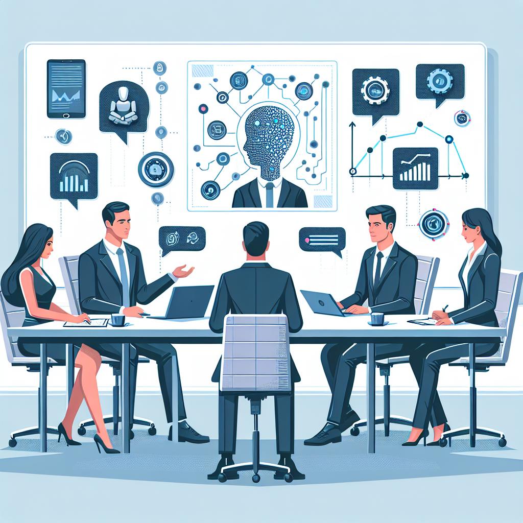 Create a 2D flat-style corporate vector image showing a meeting in progress at a business venue. Make sure to include a diverse group of business professionals - a Caucasian man, a Hispanic woman, a Middle-Eastern man, and a South Asian woman - engaged in discussion around a table. Visible on this table are various Artificial Intelligence (AI) devices symbolizing the technological application in their work. Additional elements of this image include an interactive chat bubble to emphasize the collaboration among the team, and a graph showcasing the impact of Generative AI. The background should be white and textureless to keep the focus on the main elements of the image.