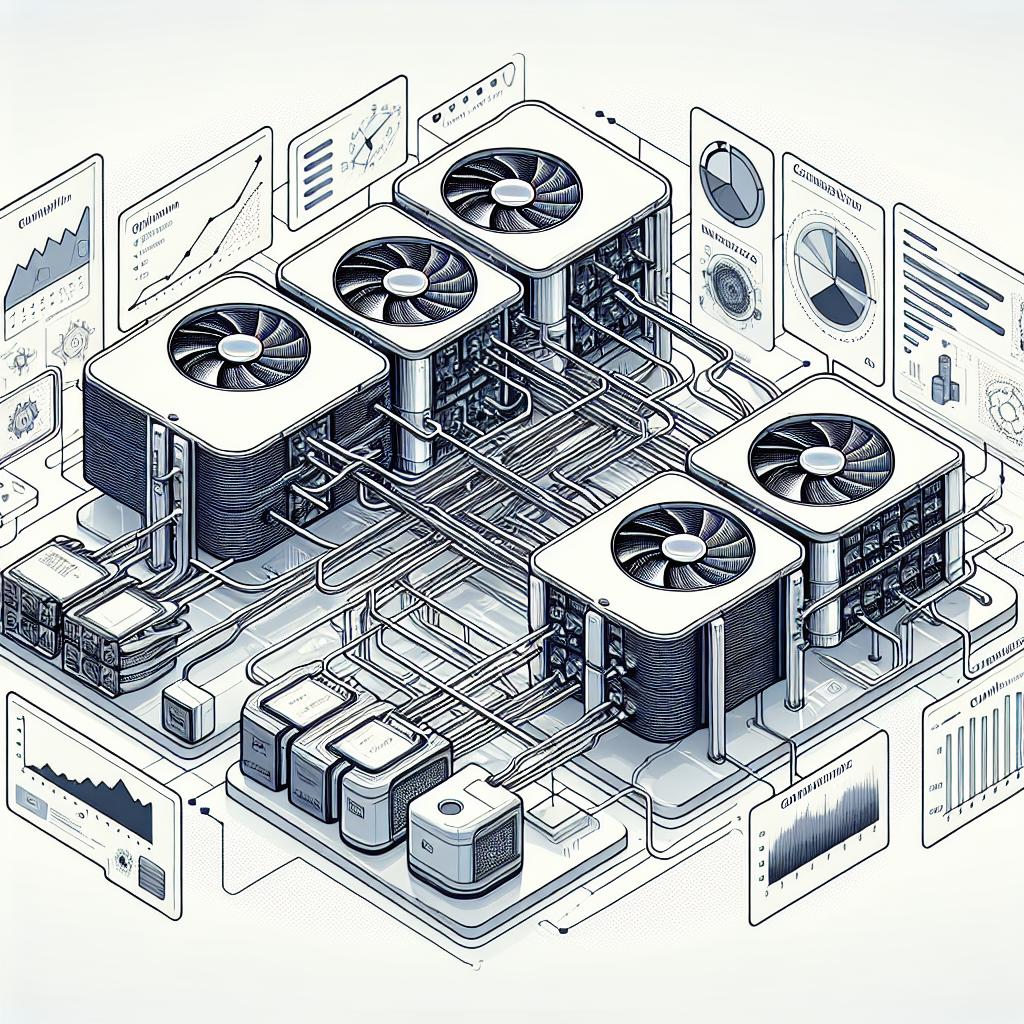 Create a detailed, corporate style, flat vector illustration in a 2D linear perspective, set against a non-textured white background. The focus of the image should be interconnected GPUs, symbolizing collaboration amongst different GPU nodes, each working together to operate a large language model such as DeepSeek-R1. Show dynamic lines connecting the GPUs, representing the data flow. Additionally, incorporate visual elements like performance indicators, charts, or gauges indicating the model's efficiency. To provide context, include a background suggesting a data centre infrastructure. The image's purpose is to depict the innovative multi-node inference approach developed by Baseten to tackle technical and infrastructure challenges and memory limitations of big models such as DeepSeek-R1.