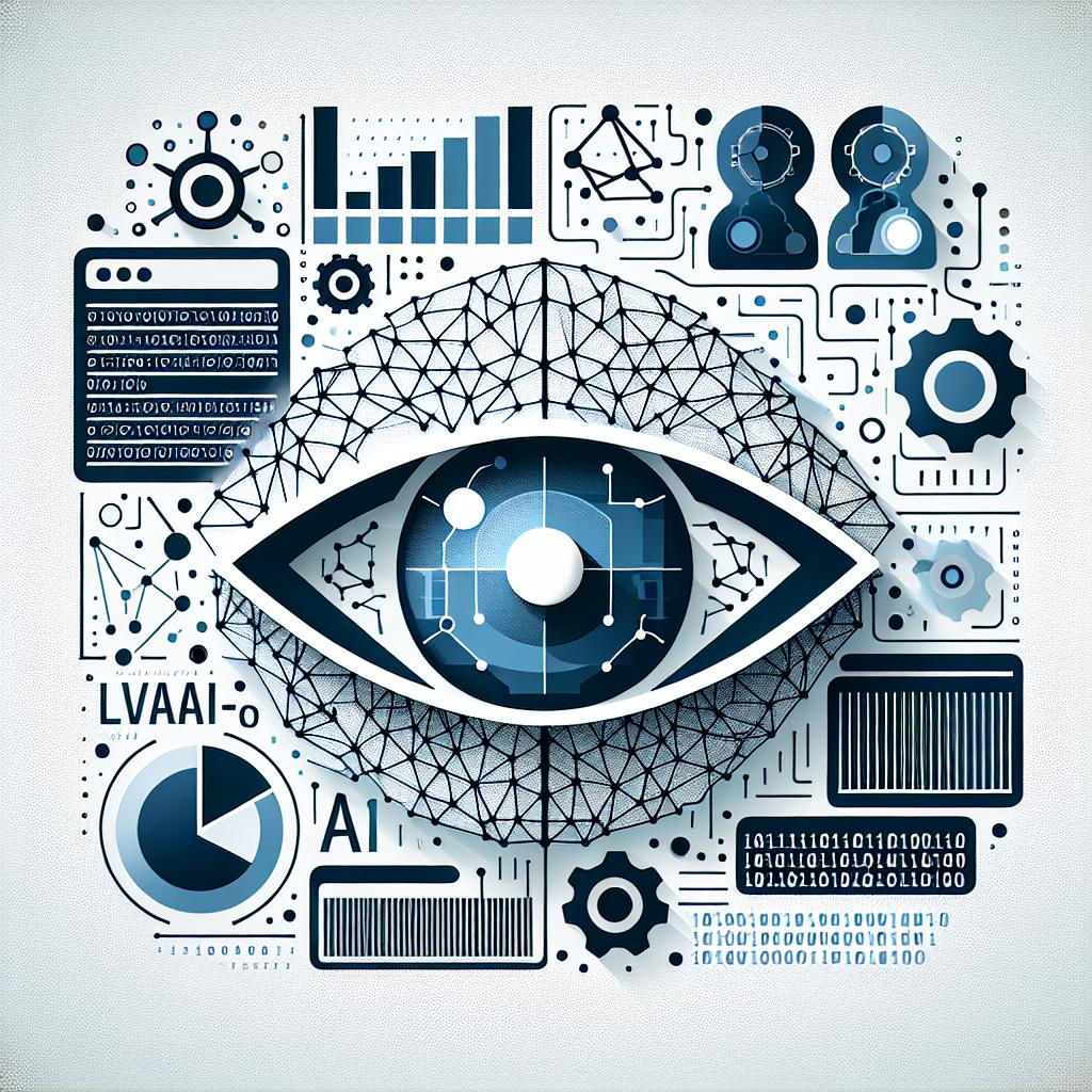 Create a 2D, modern, minimalistic, flat and corporate styled vector image featuring the newly introduced vision language model, LLaVA-o1, by various universities in China. This model should be graphically represented against an artificial intelligence-themed background, incorporating elements of code, logic icons symbolizing reasoning abilities. Binary codes should be present to symbolize the digital nature of the model, along with performance graphs indicating significant advancements over OpenAI's o1 model. The image should be set on a texture-less white background, with additional elements in shades of blue and white, colors associated with technology and innovation.