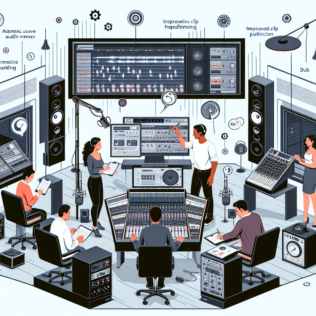 Imagine a modern recording studio in a corporate, 2D flat-vector style. The room is filled with cutting-edge audio equipment symbolizing the modernization of the facility. Amid a bright, white-background that suggests creativity and productivity, diverse professionals are actively working. An Asian man is fine-tuning the audio mixer, a Middle-Eastern woman is speaking into a high-tech microphone, a Black male audio engineer is adjusting the sound levels, and a Caucasian woman is making notes on a clipboard. An additional element is a monitor, which displays the user-interface of a new software highlighting its features, such as automatic saves, improved clip handling, and dub duplication. Annotations are scattered here and there, marking a process of continuous improvement.