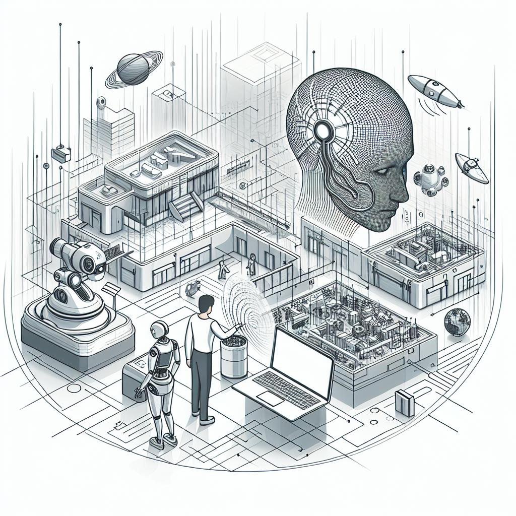 An illustration in flat, corporate, and vector style on a smooth white background. The perspective of the image is 2D with linear elements. It showcases a complex 3D environment, a symbol of the surroundings where machines would perform their tasks. Additionally, a figure with unspecified gender and descent is depicted interacting with a device, symbolizing the interface between humans and machines. The scene is set against an urban landscape reflecting practical implications of AI in our society.
