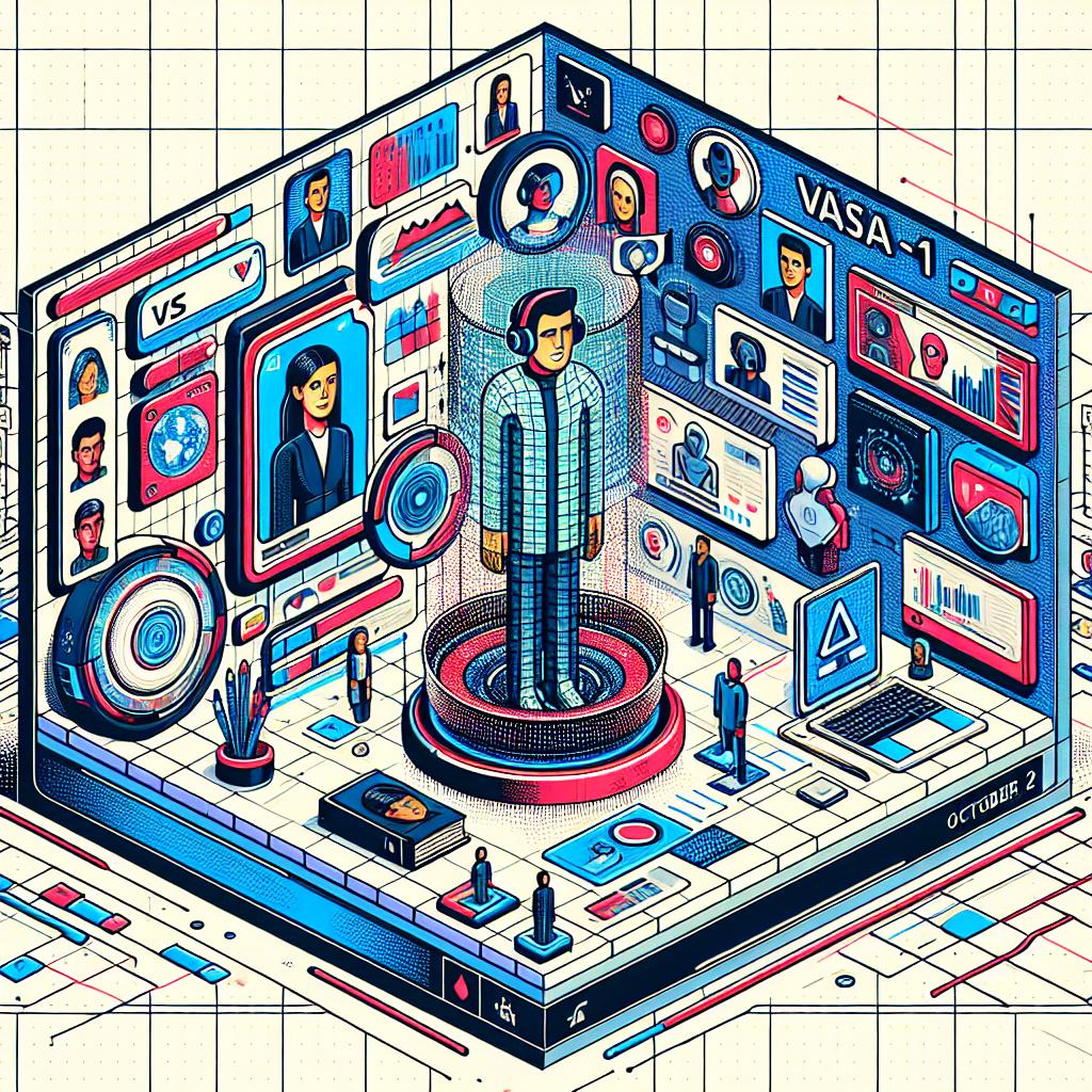 A flat, vector-styled illustration that utilizes a 2D, linear perspective set on a white, textureless background. The main focus of the image is the revolutionary VASA-1 technology launched by a major tech corporation on October 16, 2024. Displayed in the visualization are avatars designed by AI, representing virtual personalities. Additionally, there is a depiction of a video device symbolizing its application in video conferencing. More elements in the scene highlight digital learning environments, emphasizing the technology’s role in education. The usage of vibrant colors throughout the composition conveys a sense of modernity and innovation.