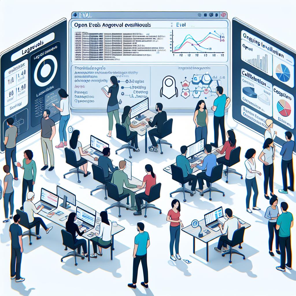 Illustrate a 2D, flat and corporate style image to showcase the release of the OpenEvals and Agentevals packages by LangChain. Visualize a development environment where diverse developers, including females and males of various descents such as Caucasian, Hispanic, and South Asian, are interacting with the OpenEvals interface. Surround them with charts and metrics indicating the efficiency of their language model evaluations. The scene is set against a blank, texture-less white background. The image should contain additional elements such as software interface demonstrating practical usage and collaboration icons symbolizing community input into continual progress.