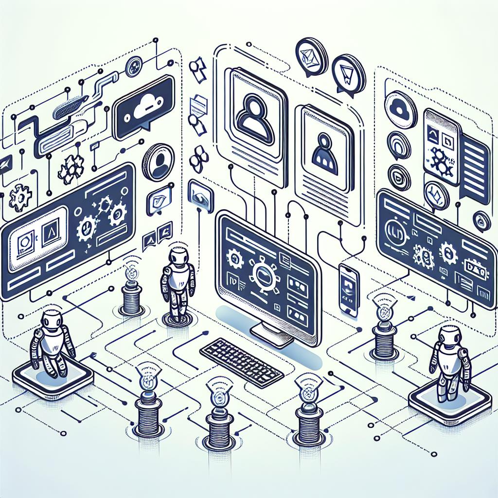 Create a tech-based 2D, linear perspective illustration on a smooth white background that gets across the concept of autonomous agents interacting with user interfaces (UI) and APIs. The autonomous agents should be symbolized as robots or digital avatars using and controlling flat, corporate style UI screens and buttons. APIs should be represented by icons that suggest data connections. Show data flows connecting these elements to highlight interactions and showcasing the autonomy and efficiency of the operations.