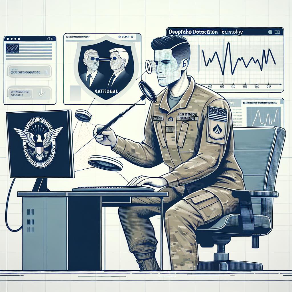 The image should display an illustration in 2D linear perspective featuring a stylized depiction of a male Caucasian soldier using advanced technology to detect deepfakes, emphasizing the United States Defense Department's investment in deepfake detection technology. The soldier representing national defense should be located in a digitally themed environment. He is in front of a computer that acts as an essential tool in the detection of deepfakes. The background should be white and textureless providing a neat, corporate look. Key elements to include are data charts signifying the sophistication and progression of the technology and distorted images personifying the threat of deepfakes. All this illustration should follow a corporate flat vector style.