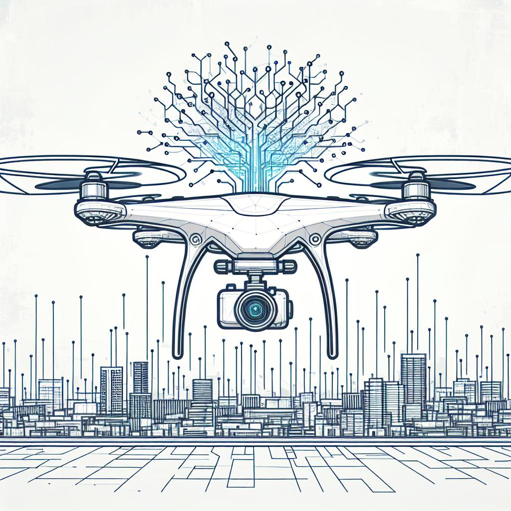 A 2D, line-drawn, flat, corporate-style illustration on a white and textureless background. It shows a drone operating with neuromorphic cameras, denoting a new technological progression. The drone is highlighted, expressing the amalgamation of technology and navigation. The drone's architectural design is a representation of the latest technology in action. Alongside, the neuromorphic cameras act as a symbol of innovation. An urban environment is subtly depicted in the background of the image to portray the navigation challenges the drones are designed to overcome.