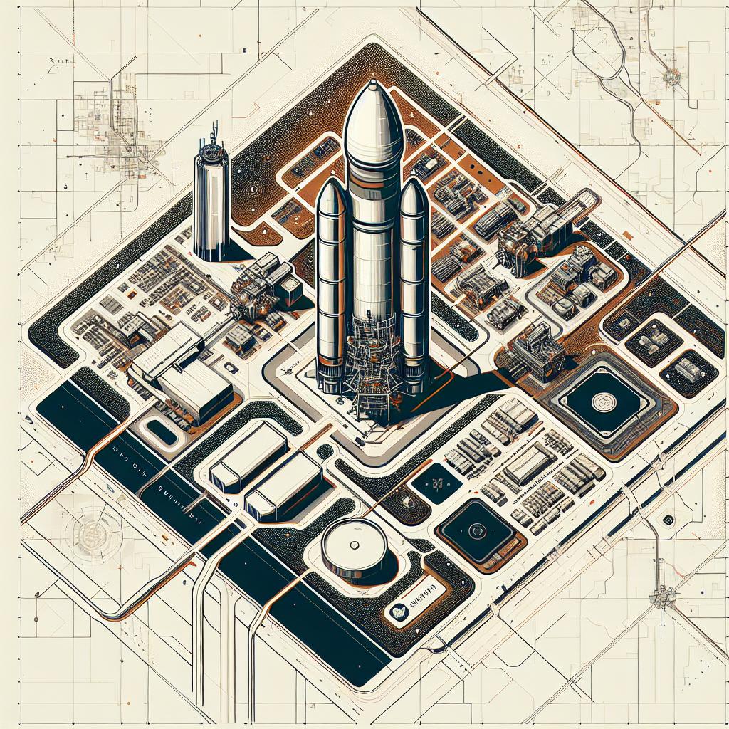 Craft a visually striking 2D vector-style image grounded in a corporate aesthetic, with a pure, textureless white background. The focal point of this image is the modern, newly expanded solid rocket engine facility of a leading defense technology company, located in McHenry, Mississippi, signifying a major national investment in space technology and the creation of over 60 jobs. Avoid showing any specific company logos. Instead, GENERALIZE by showing an abstracted symbol representing innovation in the defense industry. Interlace the visual with well-structured graphic elements suggestive of rocket engines, manifesting the key product the facility is innovating. To provide context to the location, skillfully incorporate fragmentary layouts of Stone County maps into the design.