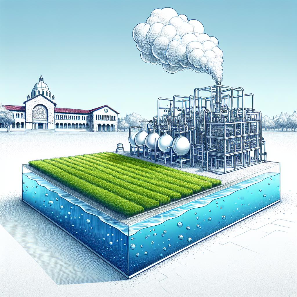 Imagine a 2D, linear perspective image in a vector-style, corporate and flat design. The background is plain white and textureless. In the center, there's an innovative device designed for the production of ammonia from air and water vapor. The contraption is represented as a creative blend of technology and nature, giving off a sense of sustainability and innovation. You can see the vapor of the water being converted into ammonia. Beneath the device, visualize a lush green field, emphasizing the connection of the technology with agriculture. In the distance, to highlight the origin of the research, sketch an abstract rendition of Stanford University buildings.