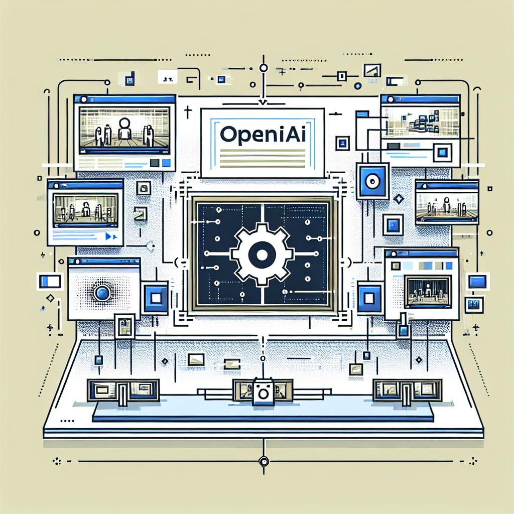A flat, corporative, and vectorial style image representing the launch of OpenAI's new artificial intelligence tool, Sora. Depict the scenario in 2D linear perspective against a plain white, texture-free background. Place OpenAI's logo, symbolizing the entity that created Sora. Showcase small examples of videos generated by Sora, possibly in small square or rectangular frames. Incorporate technology-associated colors like blue and white. To emphasize the concerns about misuse, integrate graphical elements like safety or shield icons in the image.