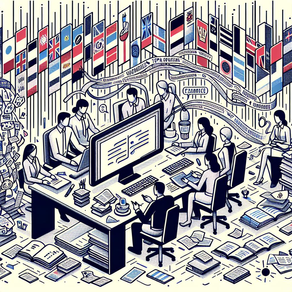 Create a 2D, linear corporate style vector illustration on a white textureless background. The image should depict a scene of an interprofessional team of researchers who are diverse in gender and descent. They are gathered around a computer, diligently working on developing text-to-speech (TTS) algorithms. Scatter some books and papers filled with notes around them to symbolize their ongoing research and learning process. In the backdrop, include a row of national flags representing languages like French, Polish, and Portuguese. The flags are symbolic of the linguistic diversity that the system they're building supports.